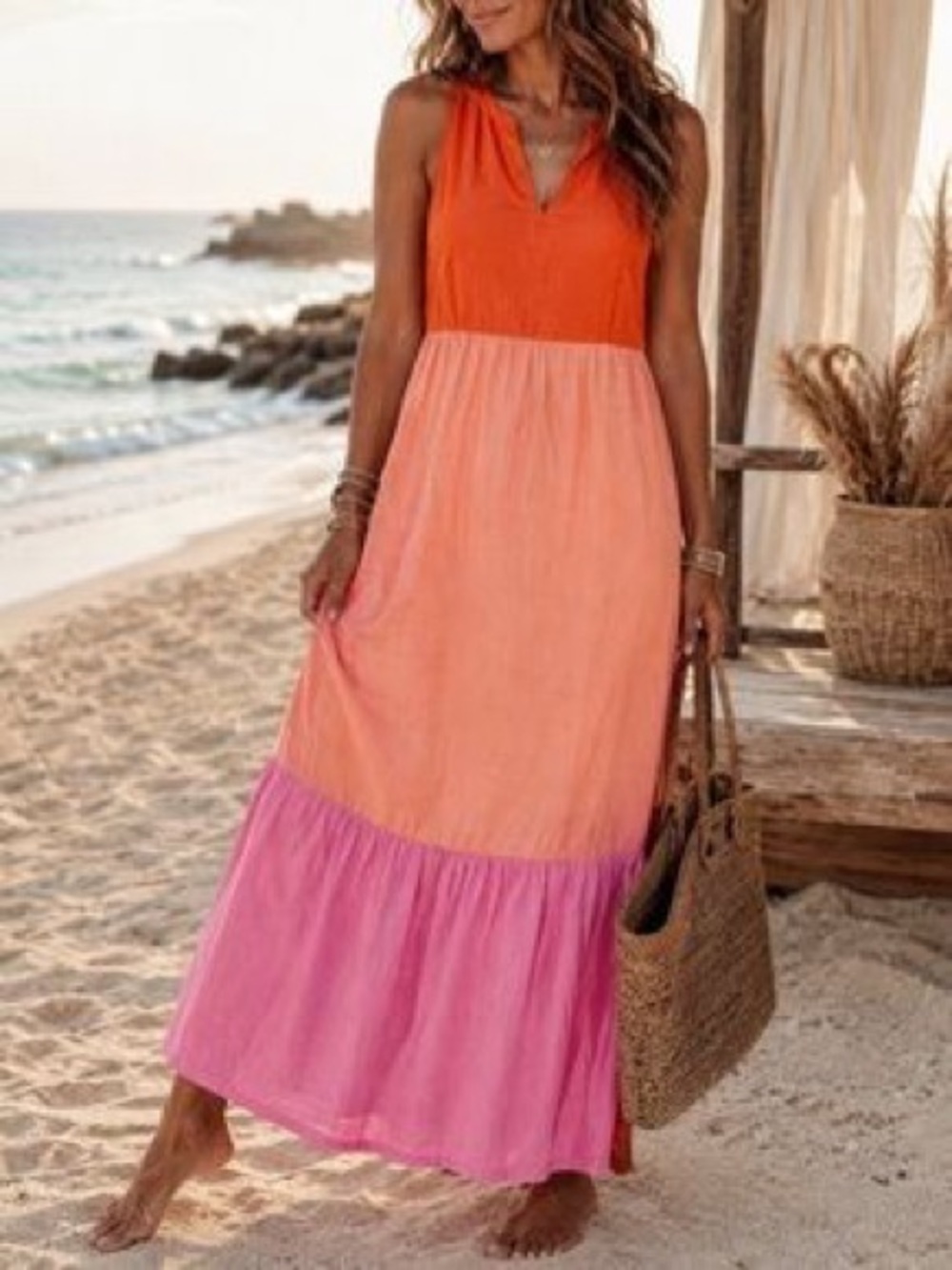 J. Jill Colorblock Maxi Dress in Red, Coral, Pink